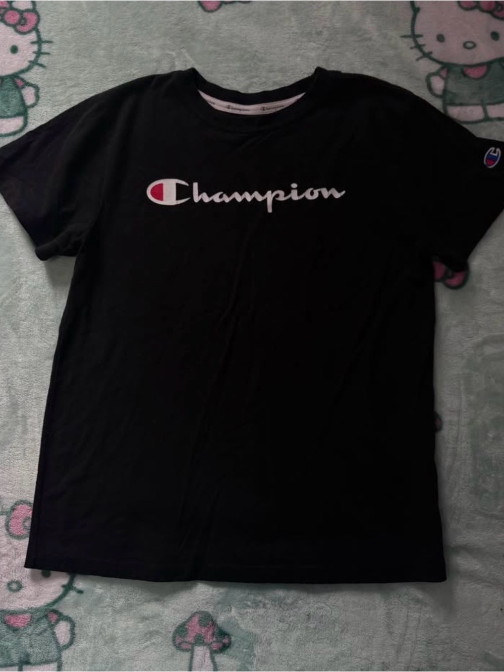 Champion Black Tee with White Script and Red Accent
